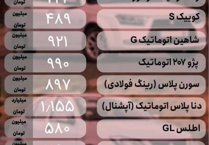 قیمت خودرو امروز ۱۱ اردیبهشت ۱۴۰۴