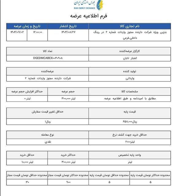 قیمت پایه بنزین سوپر مشخص شد؛ هر لیتر ۶۸ هزار و ۵۰۰ تومان در بورس انرژی